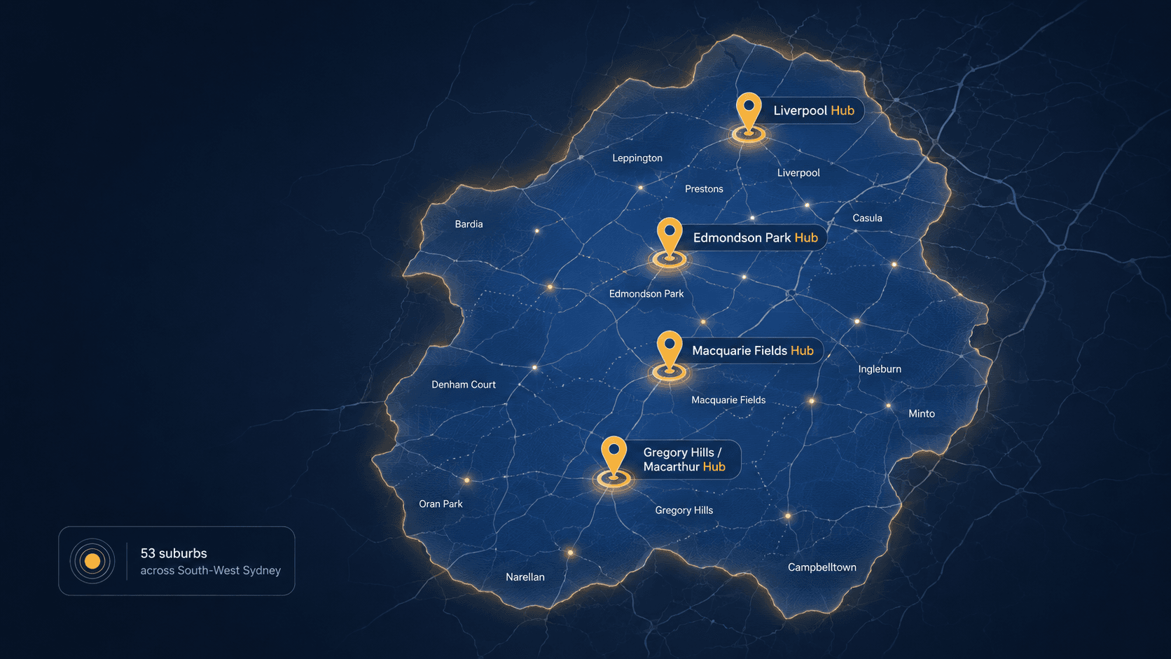 Pro Learners Service Areas Map across South-West Sydney